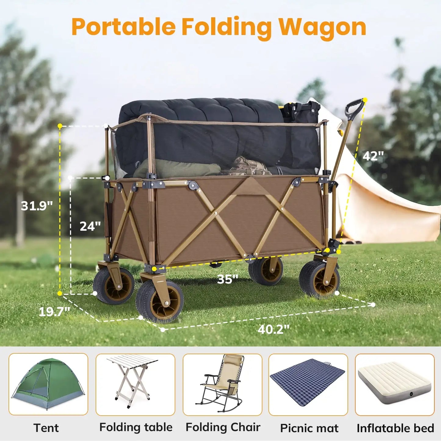 Collapsible Camping Beach Wagon, 350L Garden Cart, Heavy Duty Utility Fold Wagon with Big Wheel & Side Pickets for Garden