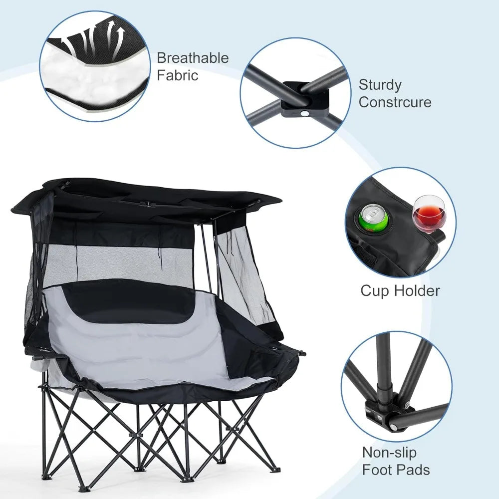Double Beach Chair with Canopy Shade, Oversized Folding Loveseat with Cup Holder & Side Pocket for Camping, Beach, Lawn, Fishin
