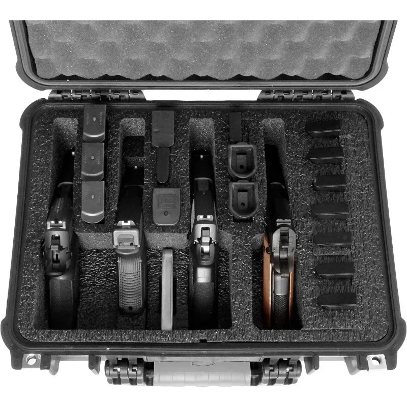 Popular.4 Pistol and 16 Magazine Pre-Cut Heavy Duty Waterproof Case with Included Silica Gel Canister to Help Prevent Gun Rust