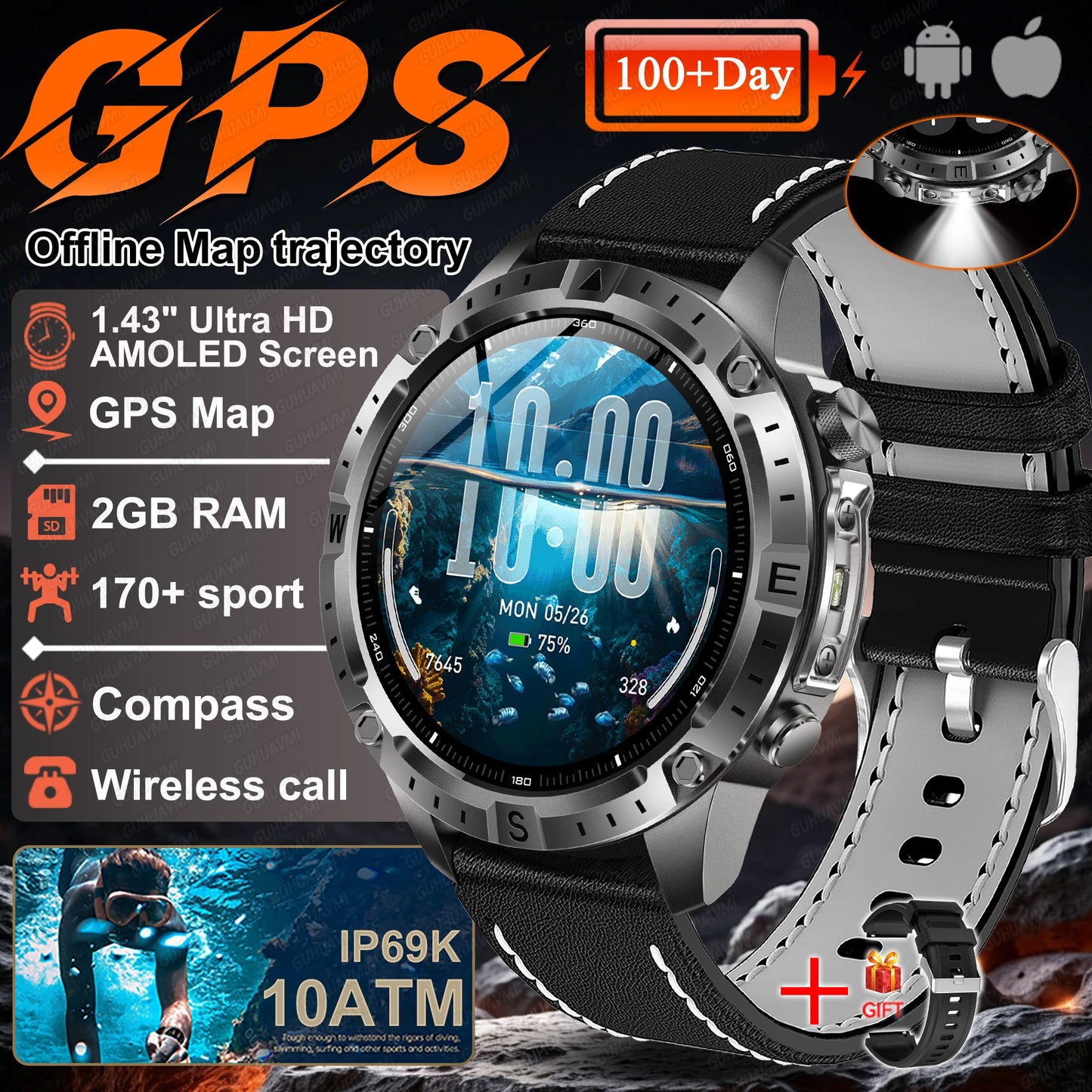 2026 NEW Outdoors Offline Map GPS Smart Watch L1+L2 Dual Band GPS Compass Cycling Run Swim Heart Rate 10ATM Military Smartwatchs