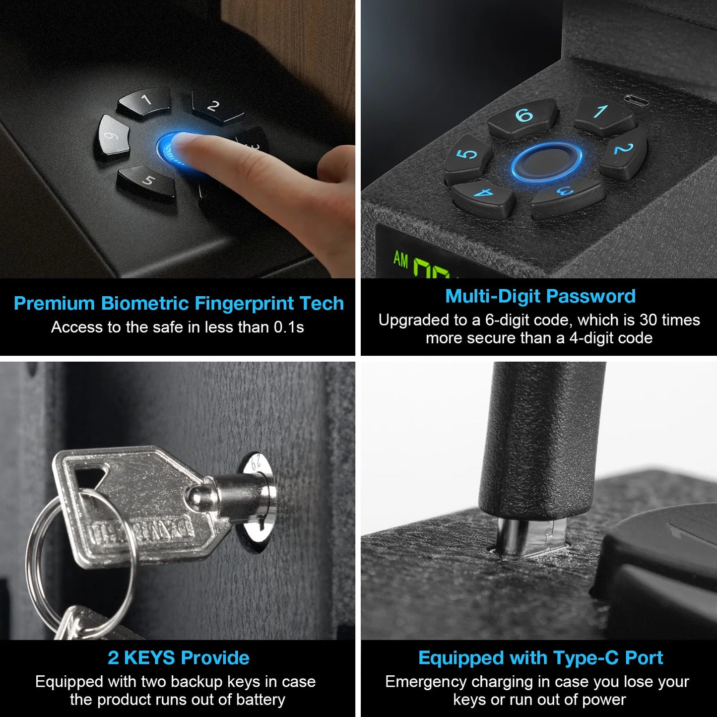 Biometric Bedside Handgun Safe,Gun Safe for Handgun,Quick Access Pistol Lock Box for Nightstand,Car,Fingerprint/Pin Code/Type-C