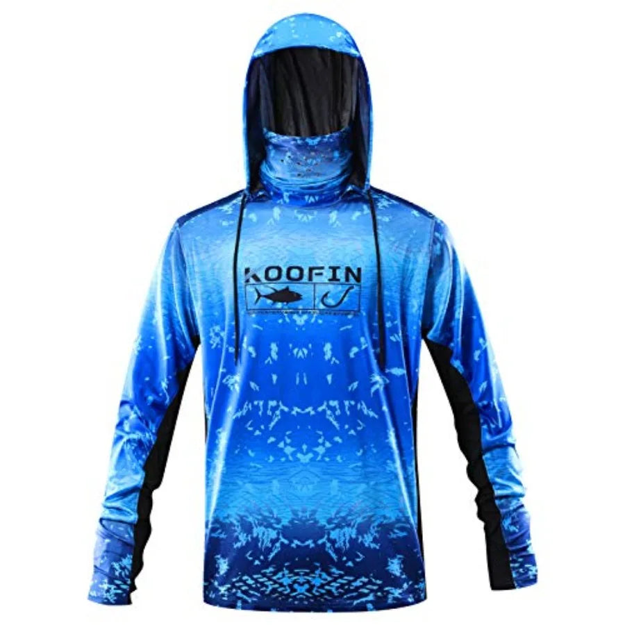 Performance Fishing Hoodie with Face Mask UPF50 Sunblock Shirt Hooded Long Sleeve with Drawstrings Pocket