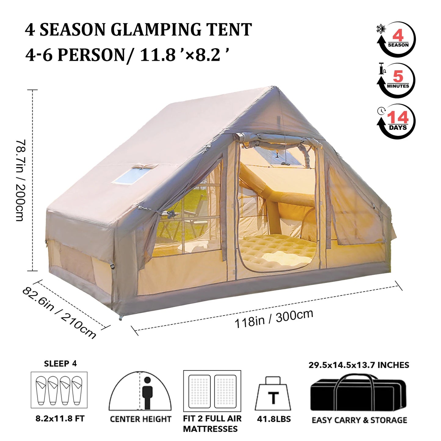 SENLEETO Inflatable Camping Tents 6-8 Person for Family,420D High-density Oxford Fabric Family Inflatable Tent House with Stove Jack&AC Vent,Easy Setup Blow up Tent with High Pressure Pump