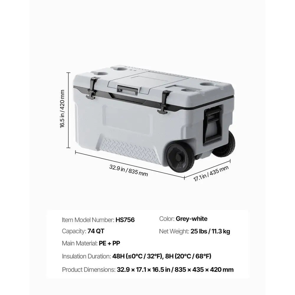 Portable Cooler 74QT Insulated Wheeled 120 Can Capacity with Cup Holder
