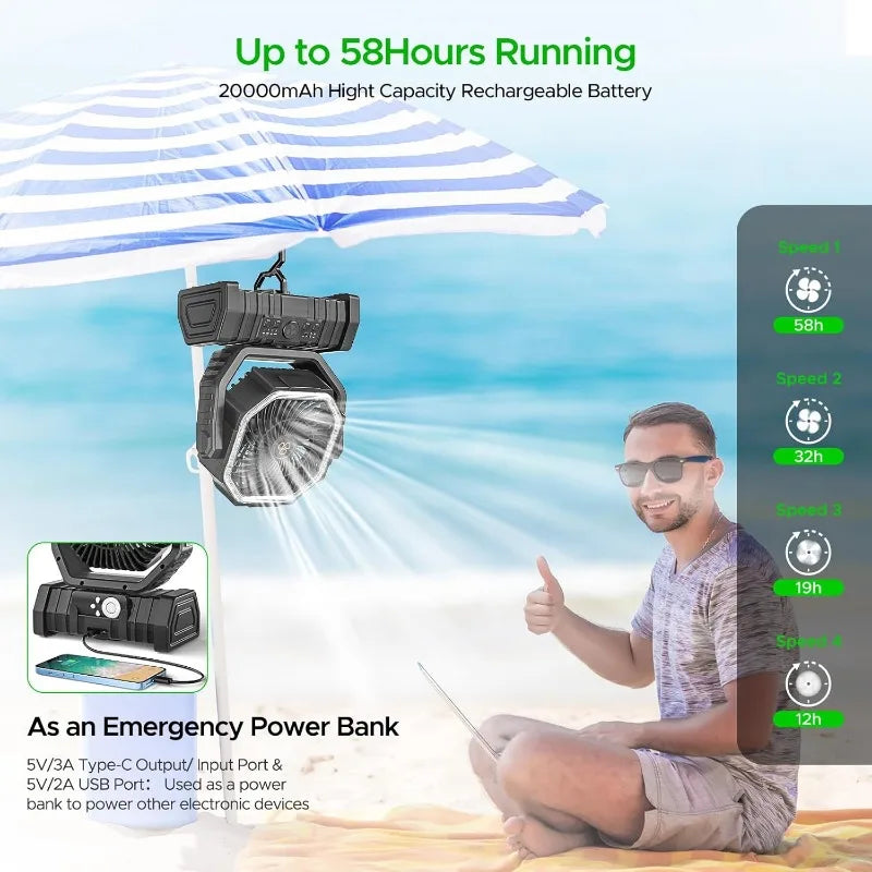 Camping Fan with LED Lantern, 20000mAh Auto-Oscillating Battery Operated Desk Fan with Remote&Hook, 8” Portable Fan