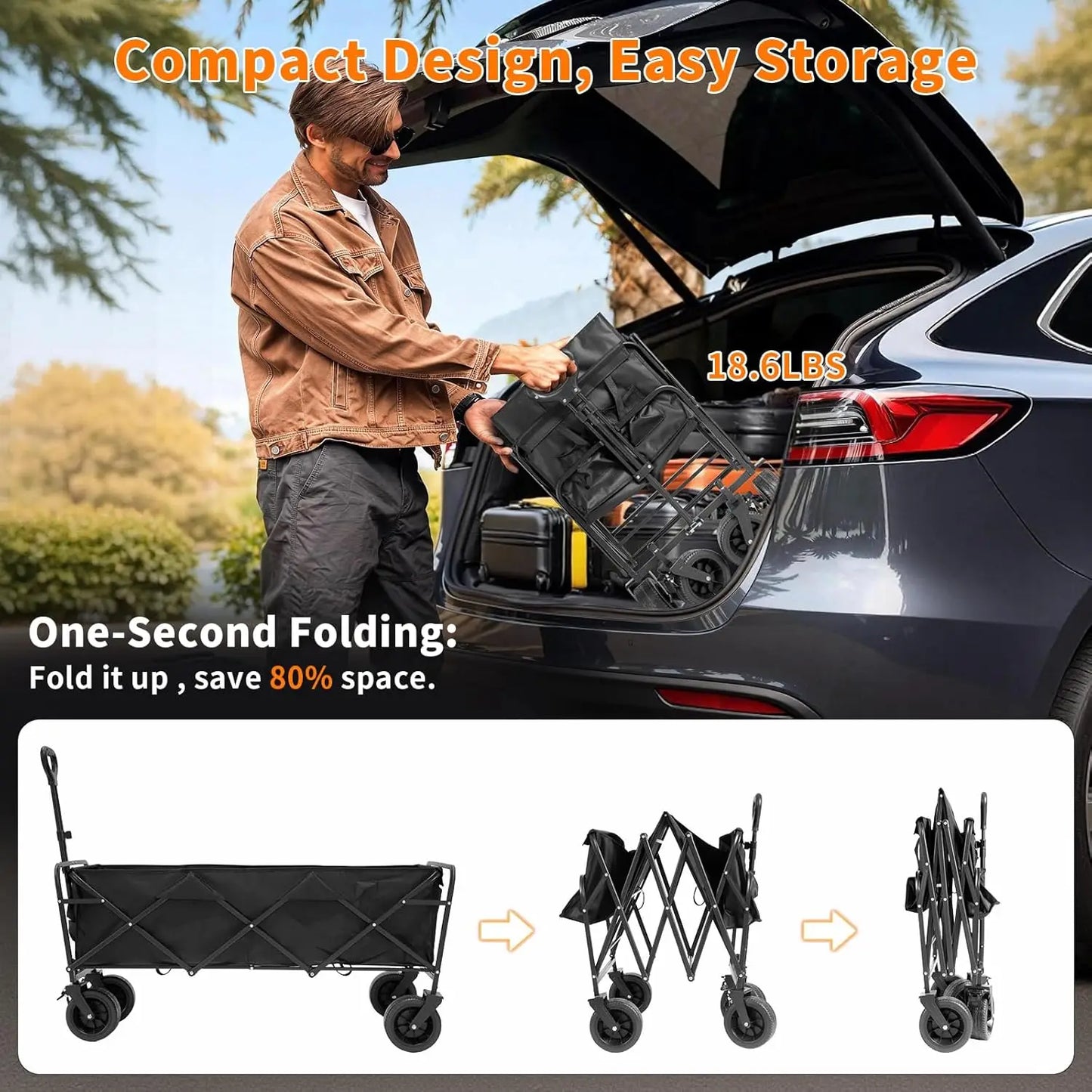 49" Foldable Wagon Cart, 440 LBS Capacity Heavy Duty with Wheels for Beach, Garden & Camping