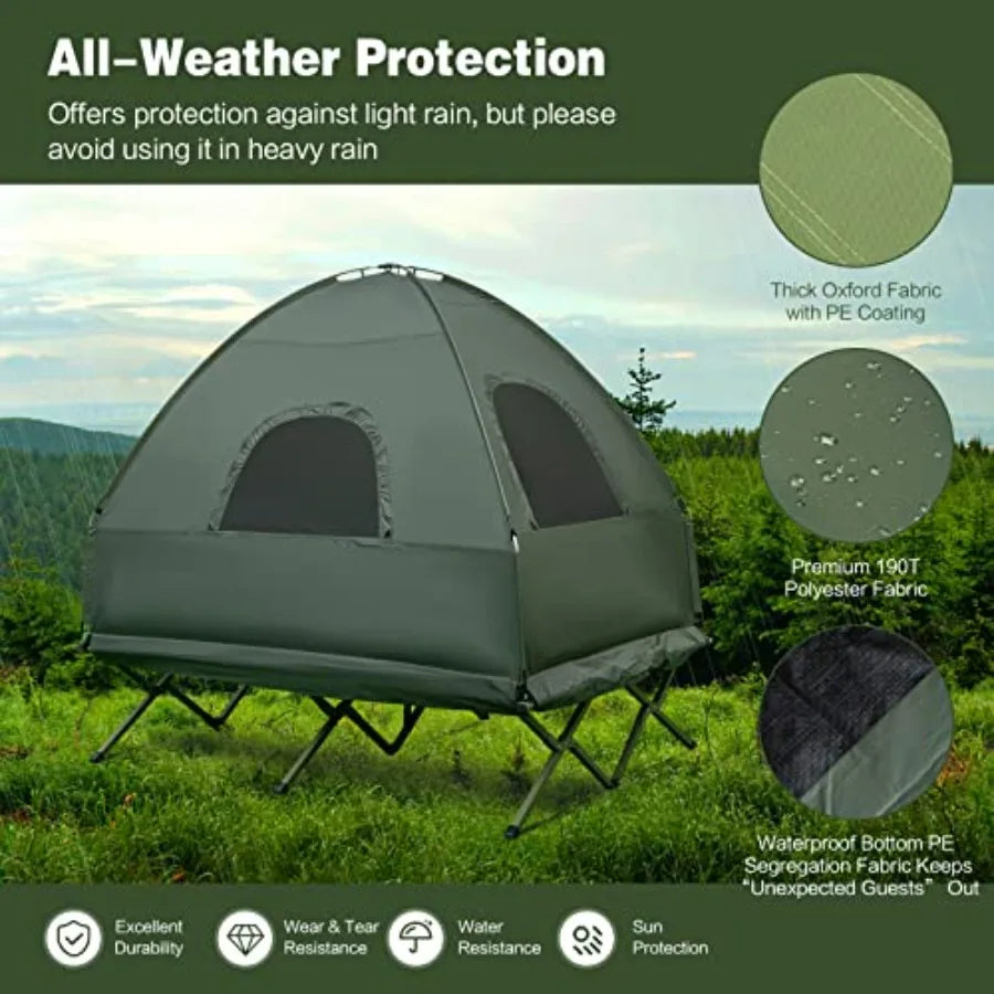 2-Person Foldable Elevated Camping Tent with Air Mattress Sleeping Bag Portable Dome Tent Cot for Hiking Camping Picnic in Grey