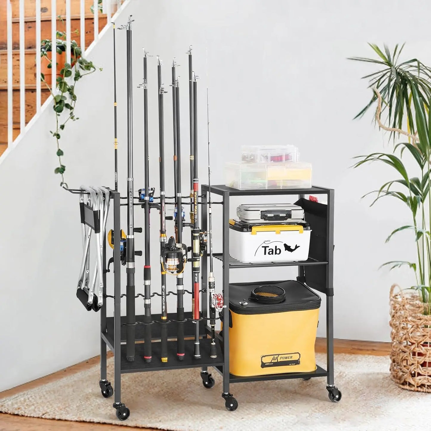 Rolling Fishing Rod Rack for Garage & Boat, Tackle Box & Reel Holder Cart, Easy Assembly Gear Management System