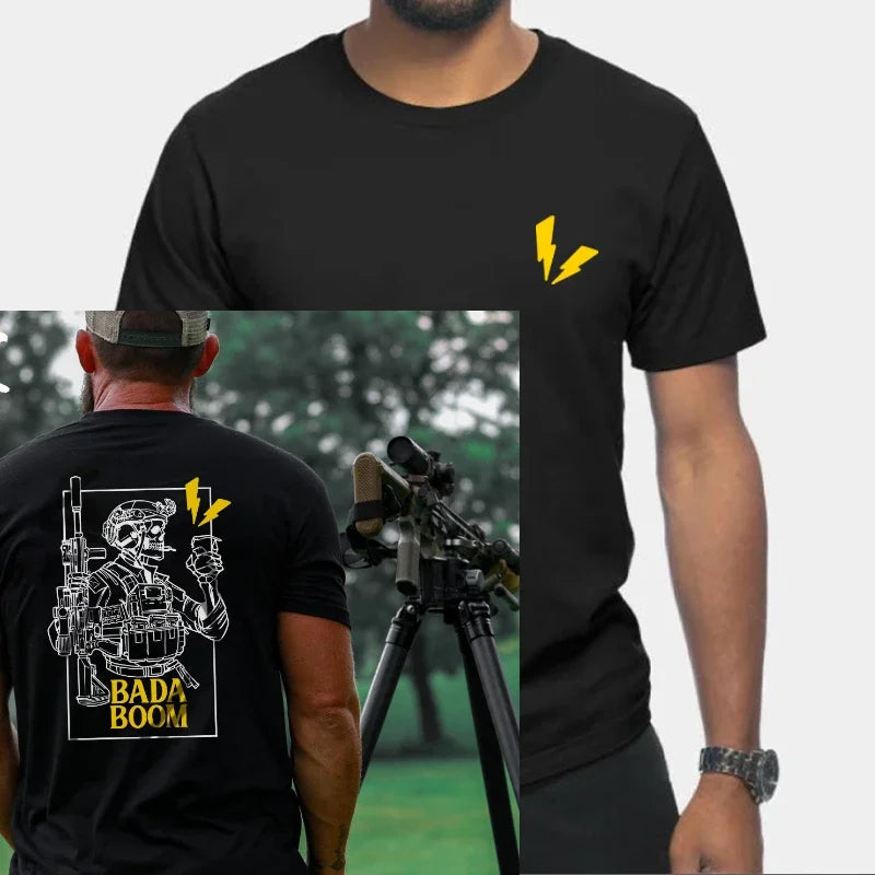 2025 New Military Style T Shirt Bada Boom Skull Round Neck Short Sleeve Tough Guy Clothing Summer Tactical Streetwear Top