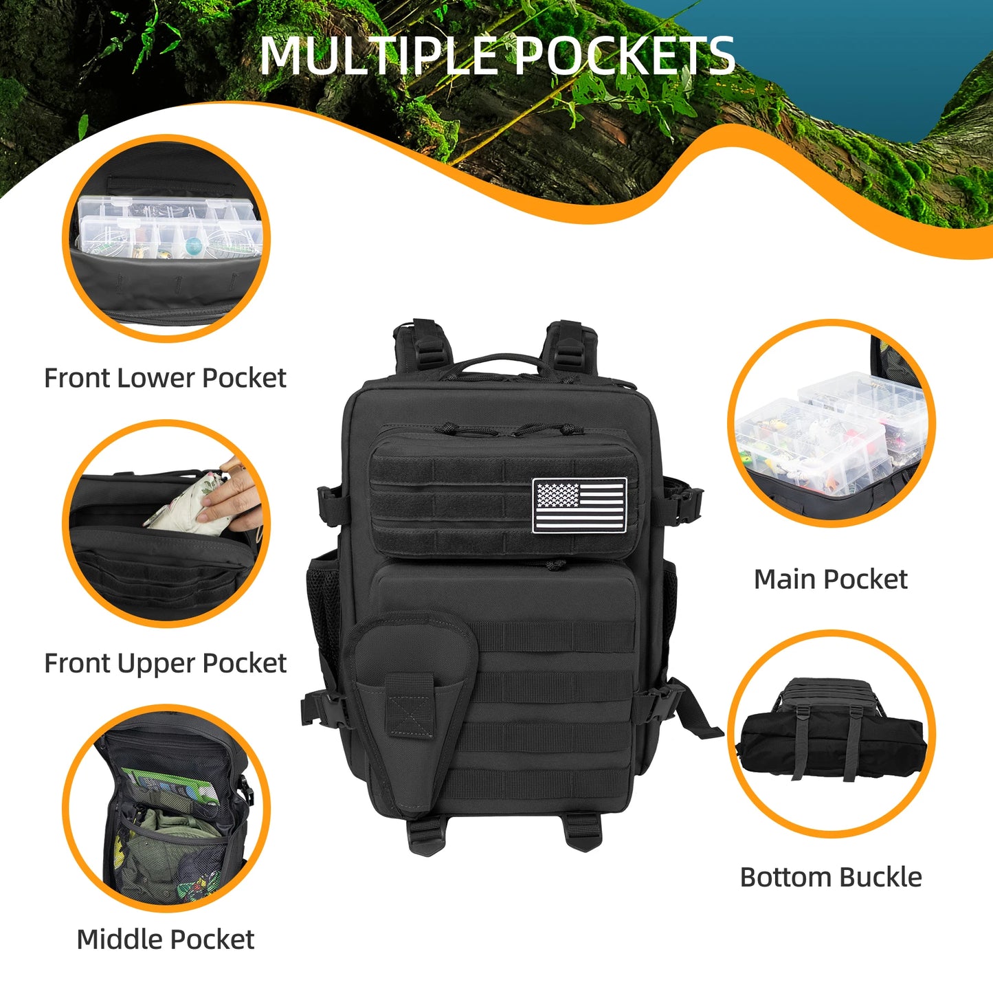 25L Fishing Hunting Bag Tactical Backpack Men's Travel Large CapacityBackpack Durable and Waterproof Men's Outdoor Bag