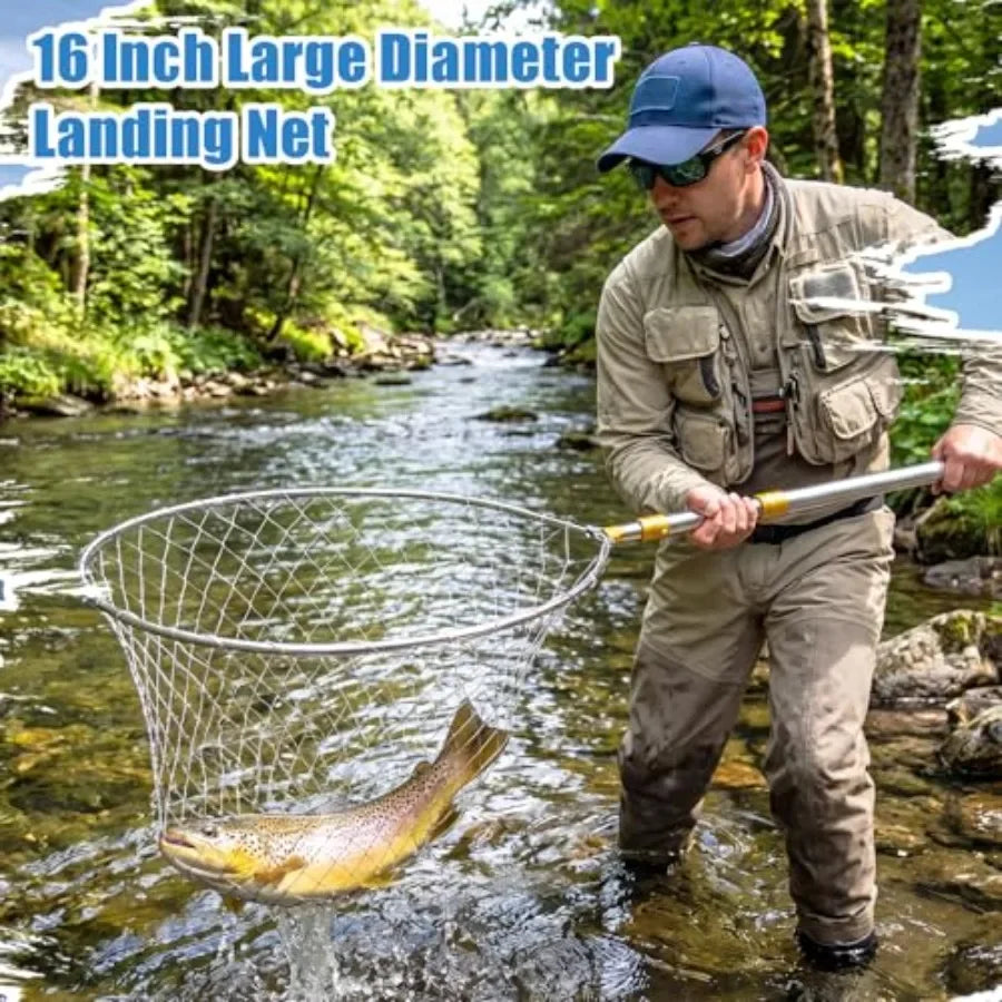 Boat and pier fishing application: stainless steel handle heavy duty fishing net, black, foldable lightweight design with 83-in