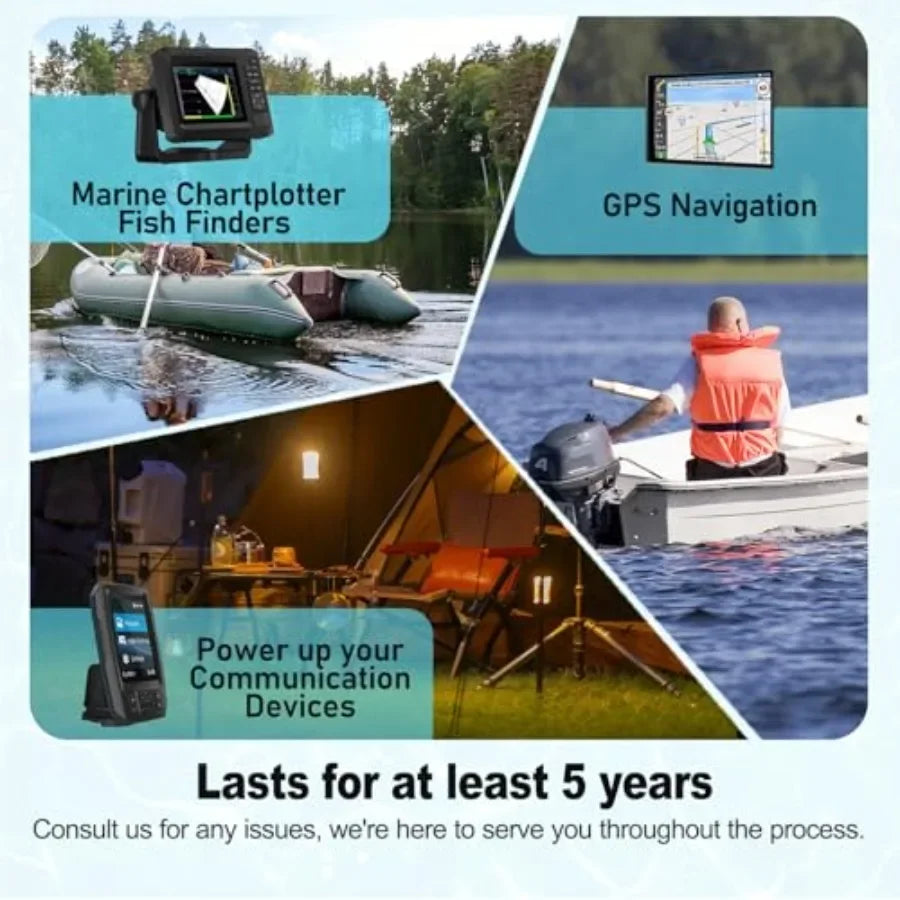 Kayak marine fish finder battery and charger kit: 12V lithium-ion, black, compact design with 5-year warranty for Garmin, GPS m