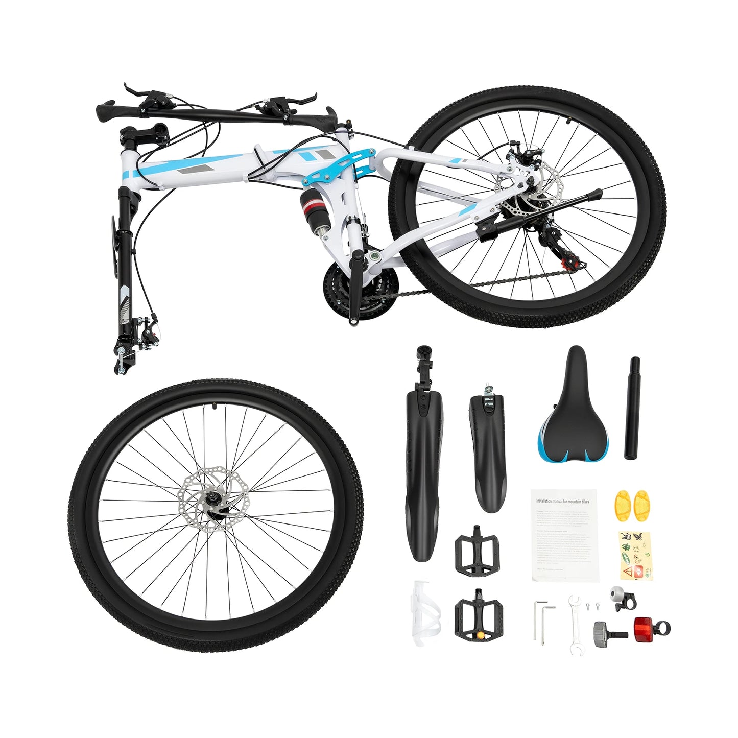26 Inch Mountain Bike 21-Speed Foldable Carbon Steel Bike with Dual Disc Brake System for Adults Daily Commuting Fitness, Seat Height Adjustable/Anti-slip Pedals/Shock-Absorbing System