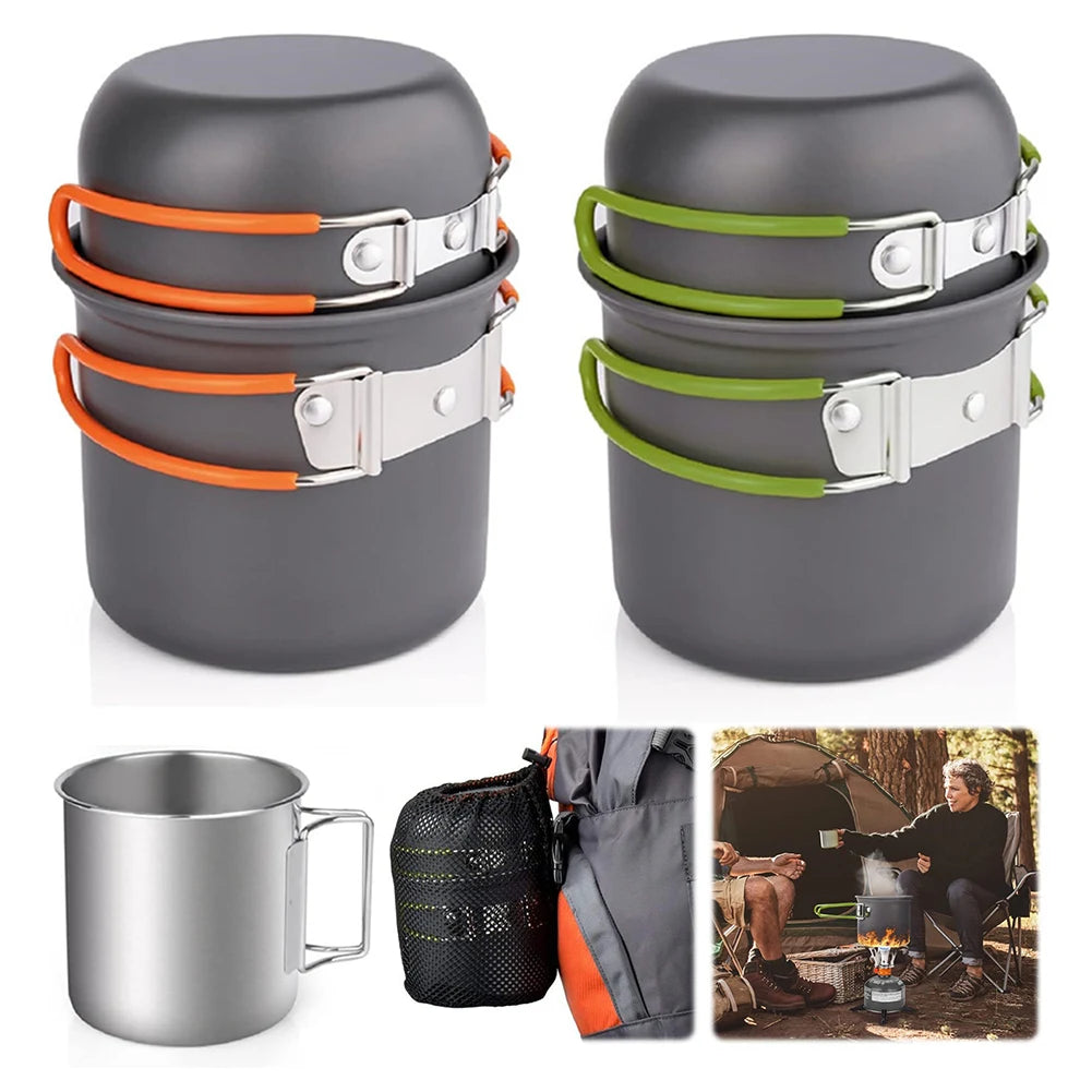 Camping Cookware Mess Kit with Mini Stove Outdoor Tableware Equipment with Cup Fork Portable Cookware Equipment for Campfire