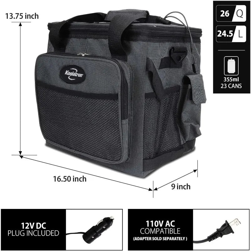 Electric Portable Cooler Plug in 12V Car Cooler Bag, 26 qt (25 L) Soft-Sided Portable Car Fridge w/DC Power Cord, Gray