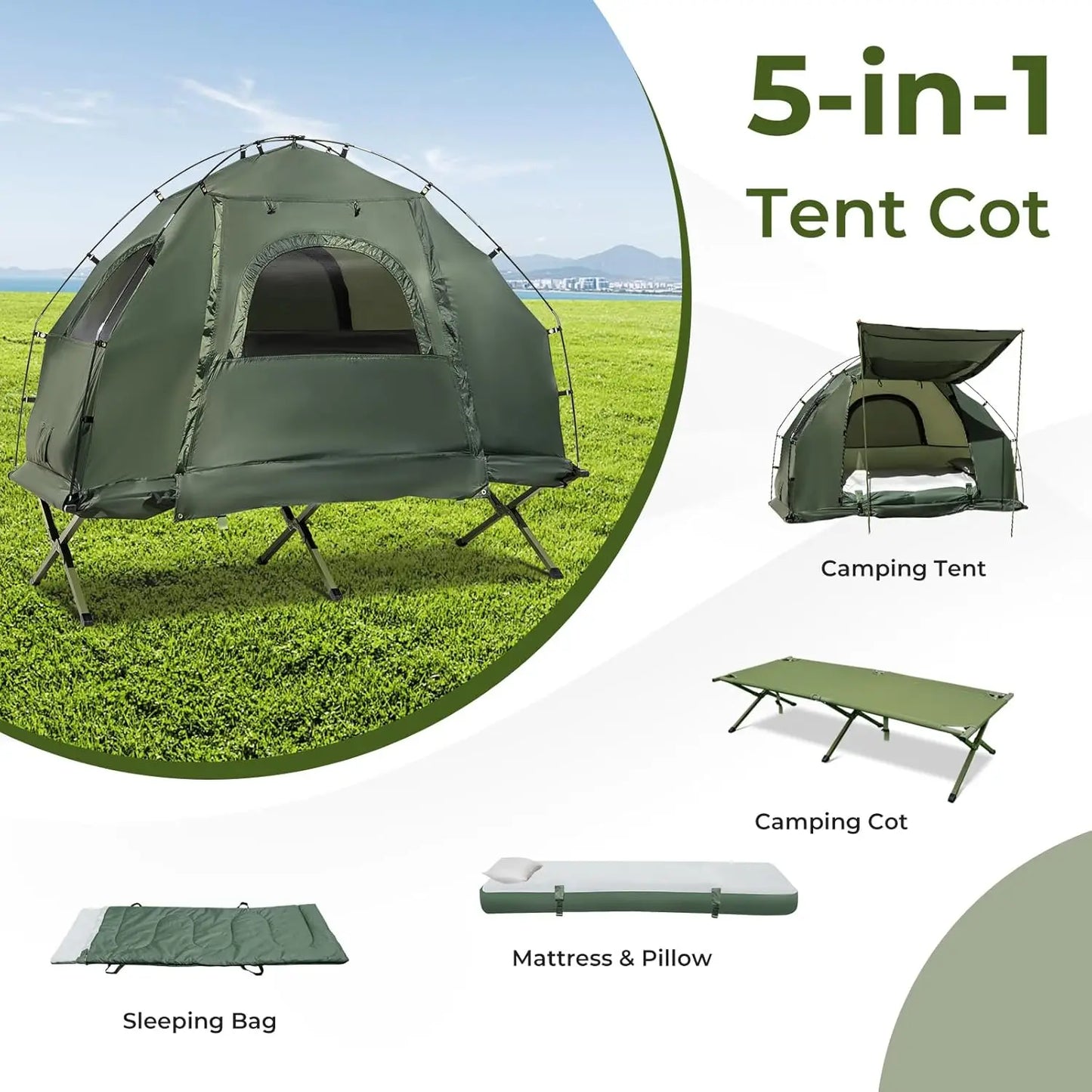 Camping Tent Cot, 5 in 1 Off Ground Elevated Tent with Air Mattress, Sleeping Bag & Pillow