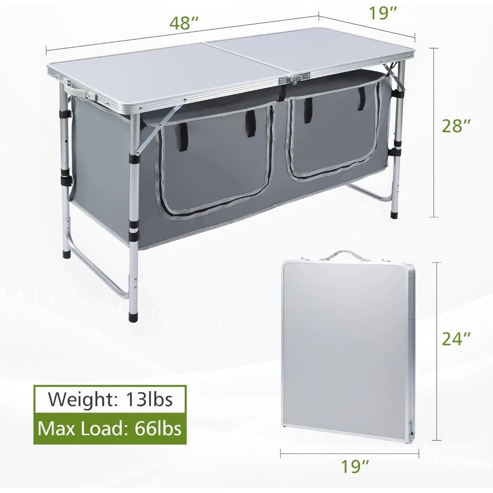 Folding Camping Table with Storage, Portable Kitchen Lightweight, 3 Heights Adjustable Camping Furniture
