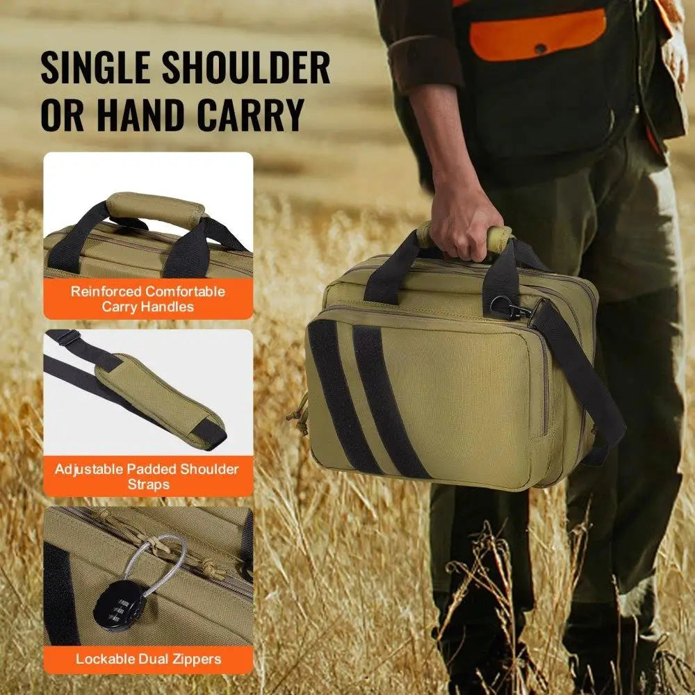 Tactical Bag for 2 Pistol Range Case with Pouches Brown Outdoor for shooting Lockable Zipper