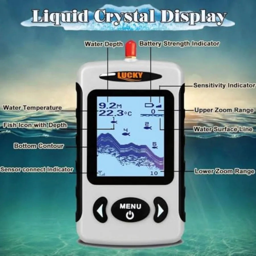 Handheld fish finder for boat and kayak use, ABS plastic body in black, wireless transducer with LCD depth display, portable an