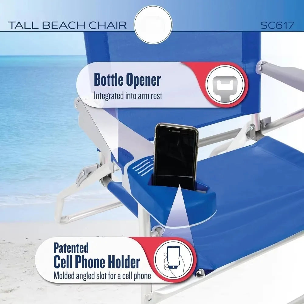17" Extended Height 4-Position Folding Beach, Camping, Lawn Chair, Stripe, With handrail Equipped with cup holder Beach Chairs