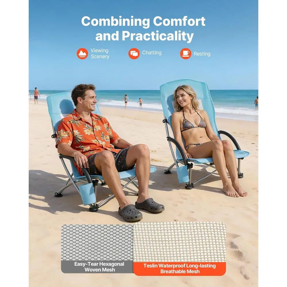 Portable High-Back Beach Chairs with Cup Holder, Mesh Back, Carry Bag, Extra Wide Seat, 330 lbs Support, Ideal for Outdoor and C