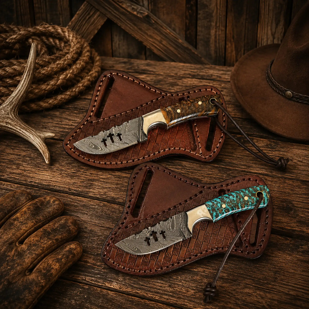 Best Ranch Knife Set – 3.5" Handmade Damascus Steel Knives with Pine Cone Resin Handles