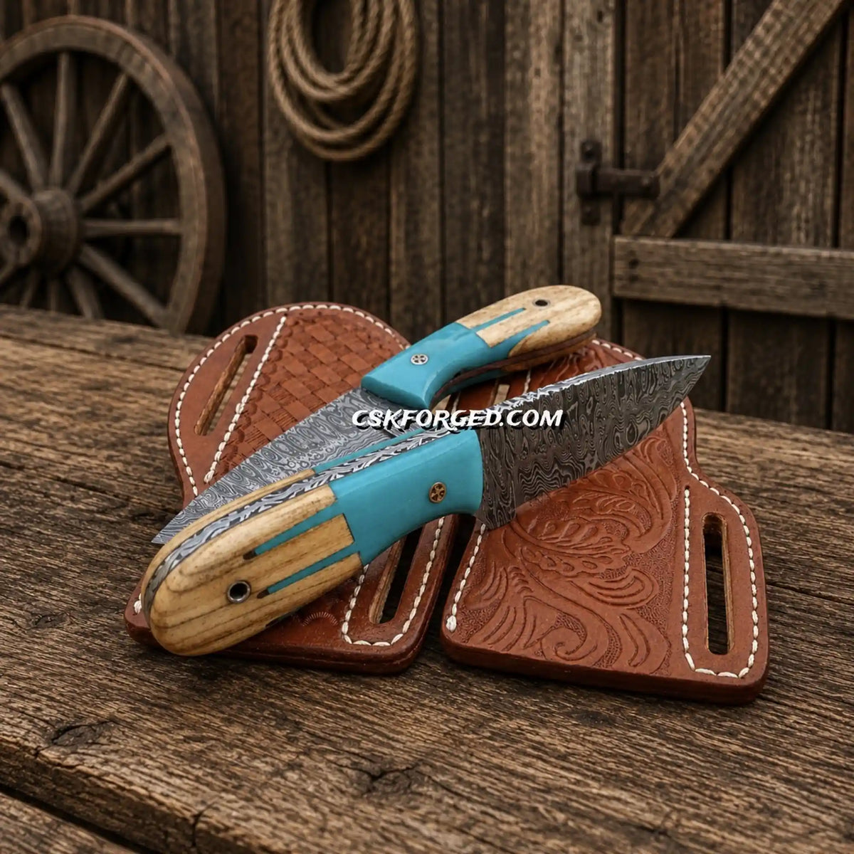 Cowboy Skinning Knife Set – Damascus Steel Blue Maverick Handle