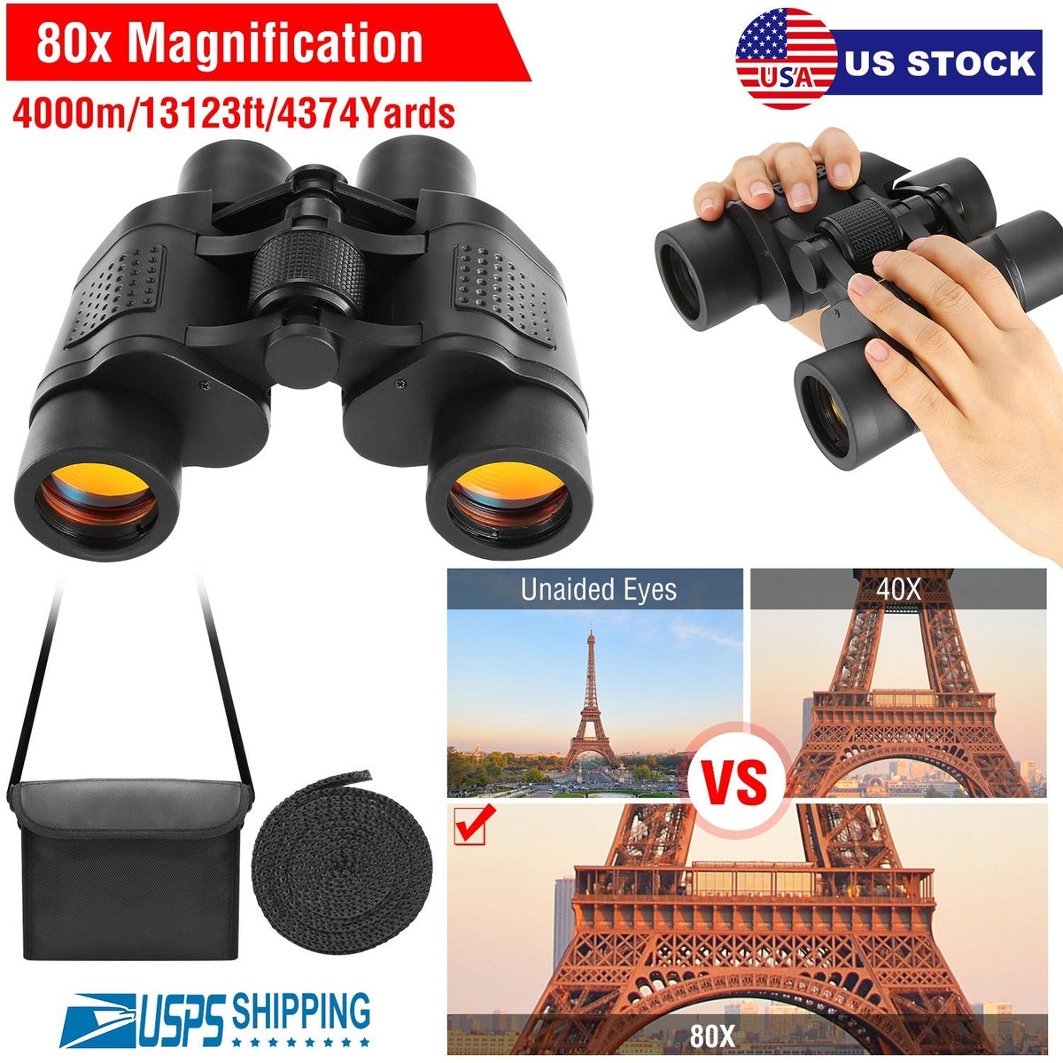 Portable HD Binoculars with FMC Lens Low Light Night Vision Telescope for Bird Watching Hunting Sports Events Concerts Adventure w/ Shoulder Strap Bag