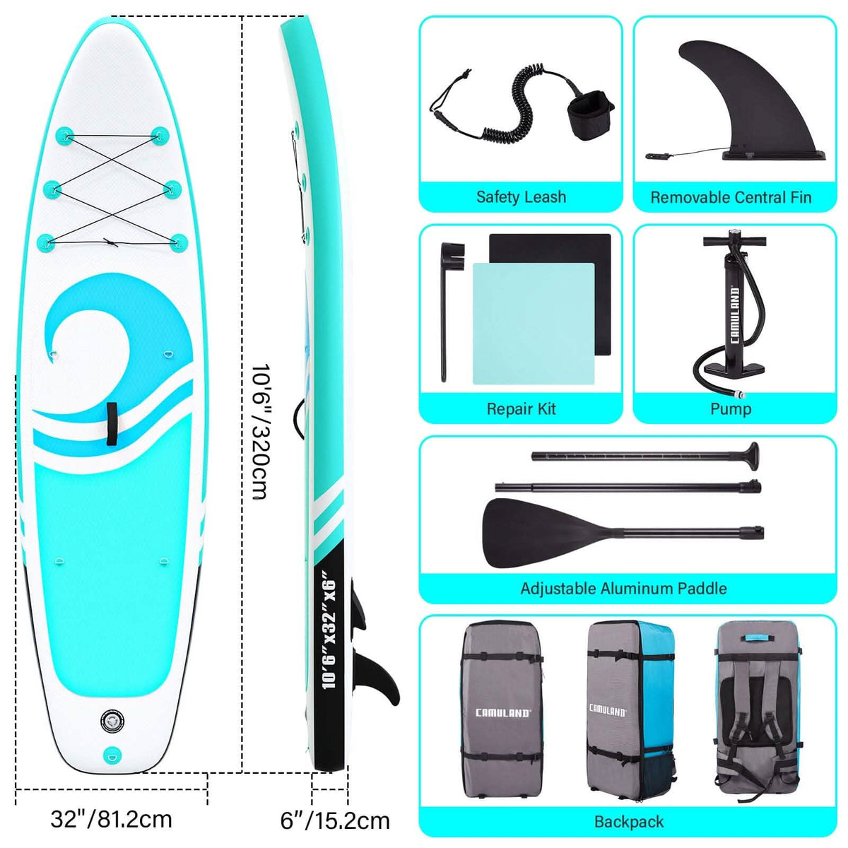 10’6” x 32”x 6” Paddle Boards for Adults with Premium SUP Accessories and Backpack
