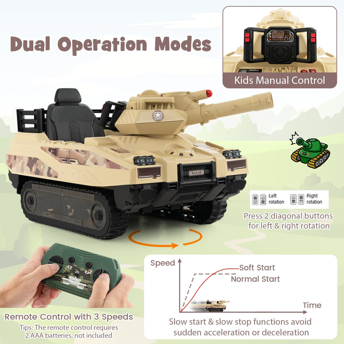 12V Electric Kids Ride On Tank with Rotatable Turret and 8 Missiles for Kids Aged 37-95 Months Old-Khaki