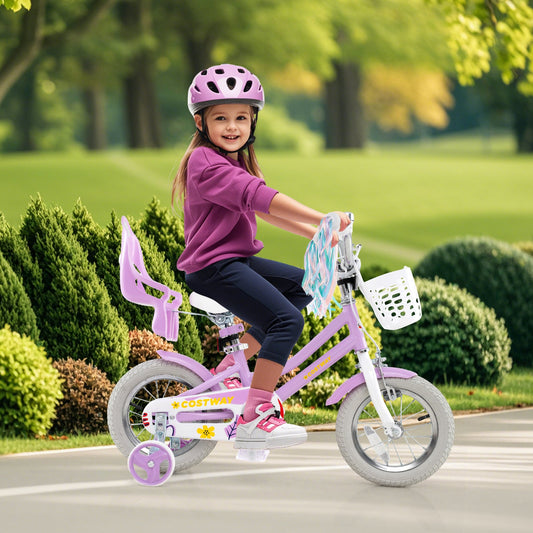 12 Inch Girls Bike Kids Bicycle with Doll Seat and Streamers for Children 3-4 Years Old