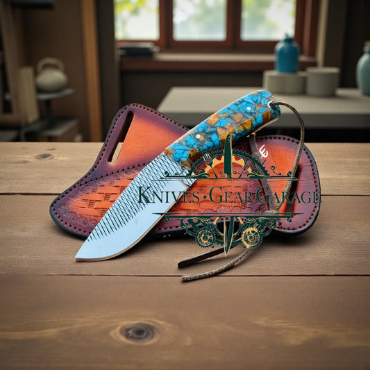 Handmade Hunting Knife with 3.7" Rasp Steel Blade & Turquoise Resin Handle