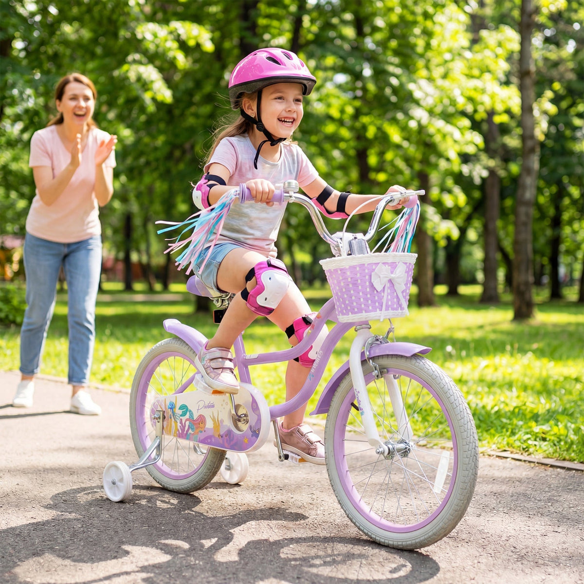 18-Inch Kids Bike Adjustable with Basket and Streamers Purple - Princess of the Sea Theme