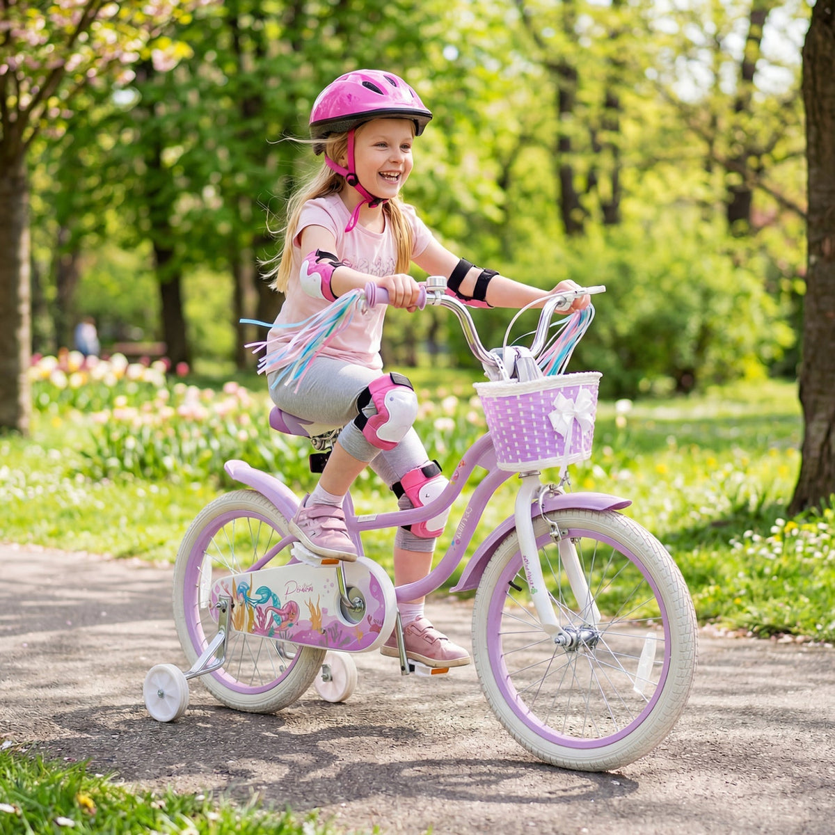18-Inch Kids Bike Adjustable with Basket and Streamers Purple - Princess of the Sea Theme
