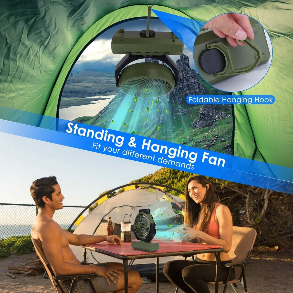 20000mAh Rechargeable Oscillating Camping Fan with Flashlight Hanging Hook Remote Control