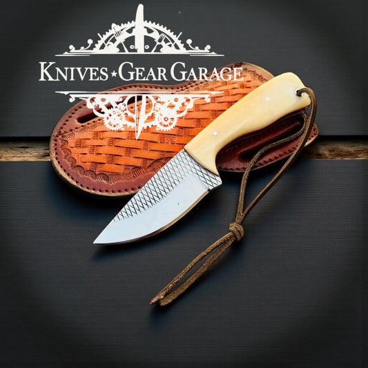 Best Skinning Knife – 7.1" Handmade Rasp Steel Blade with Bone Handle & Leather Sheath