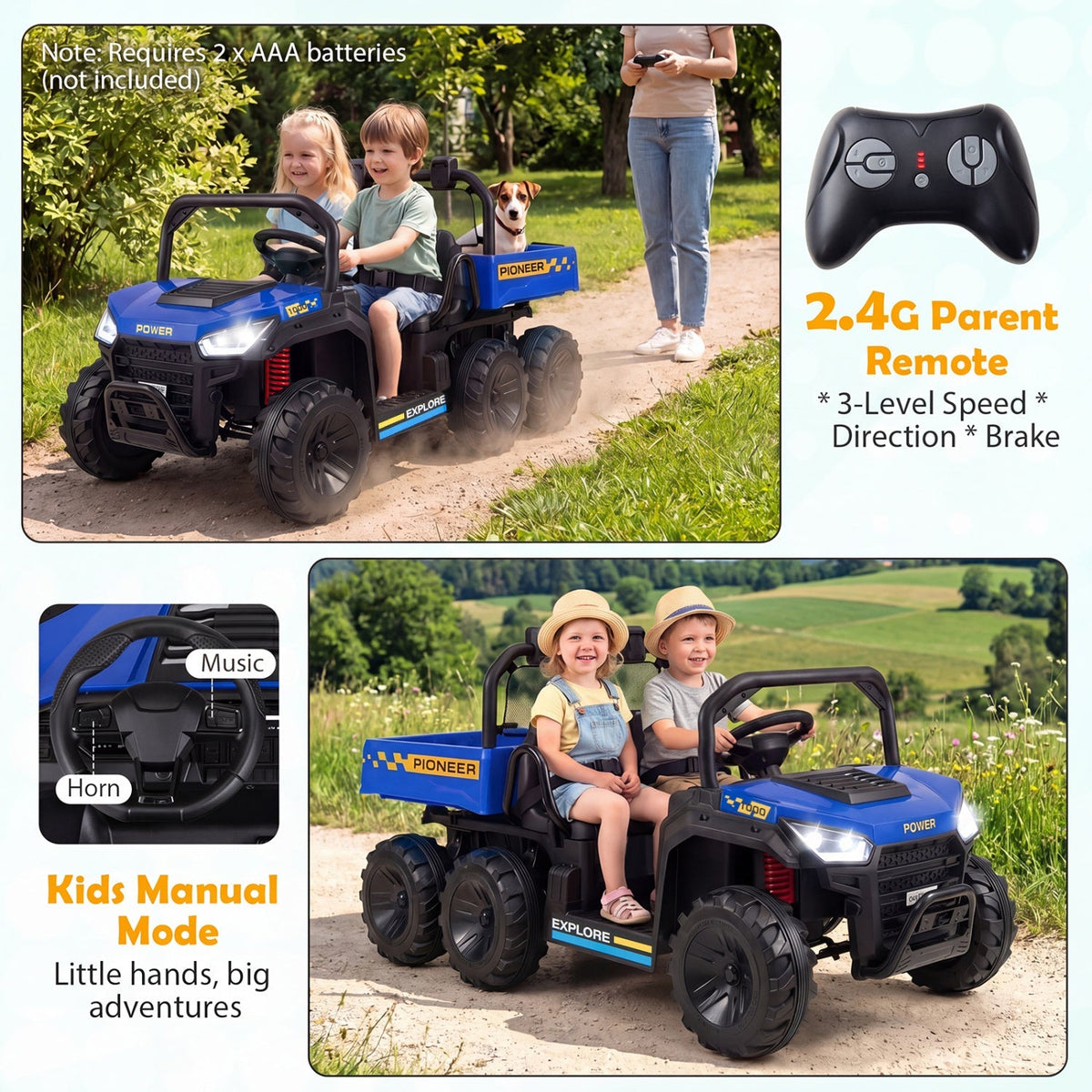 24V 2-Seater Kids Ride on Dump Truck 4WD with Electric Dump Bed and Lights