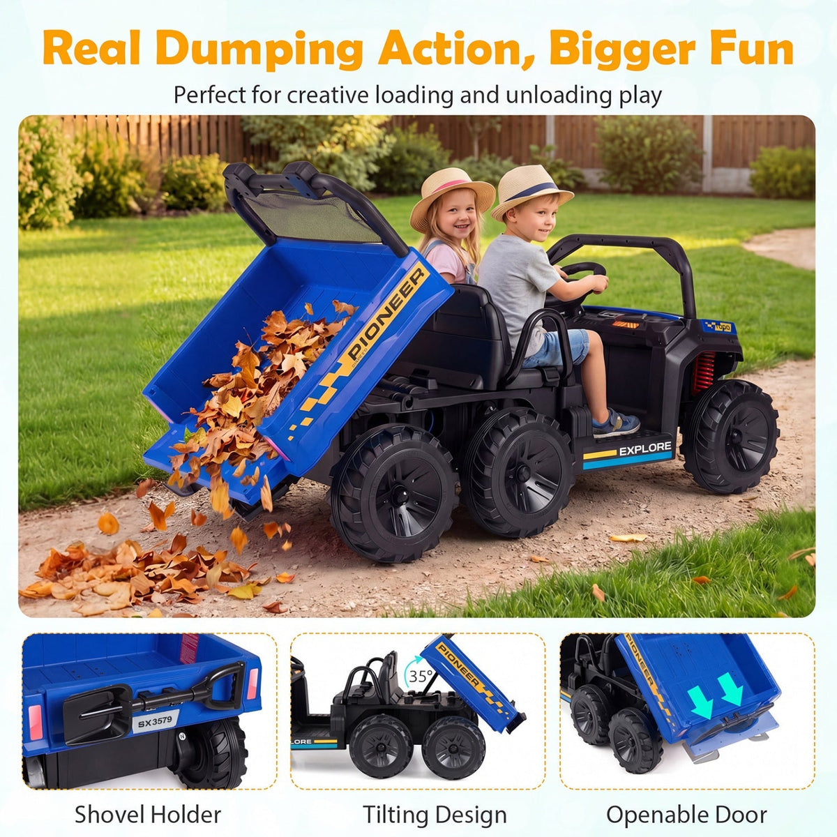 24V 2-Seater Kids Ride on Dump Truck 4WD with Electric Dump Bed and Lights