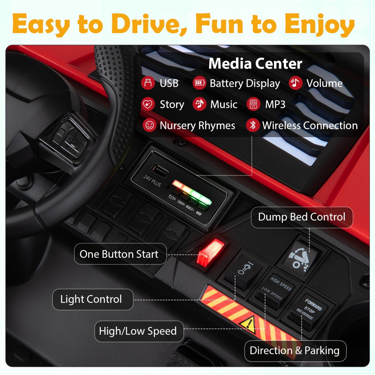 24V 2-Seater Kids Ride on Dump Truck 4WD with Electric Dump Bed and Lights