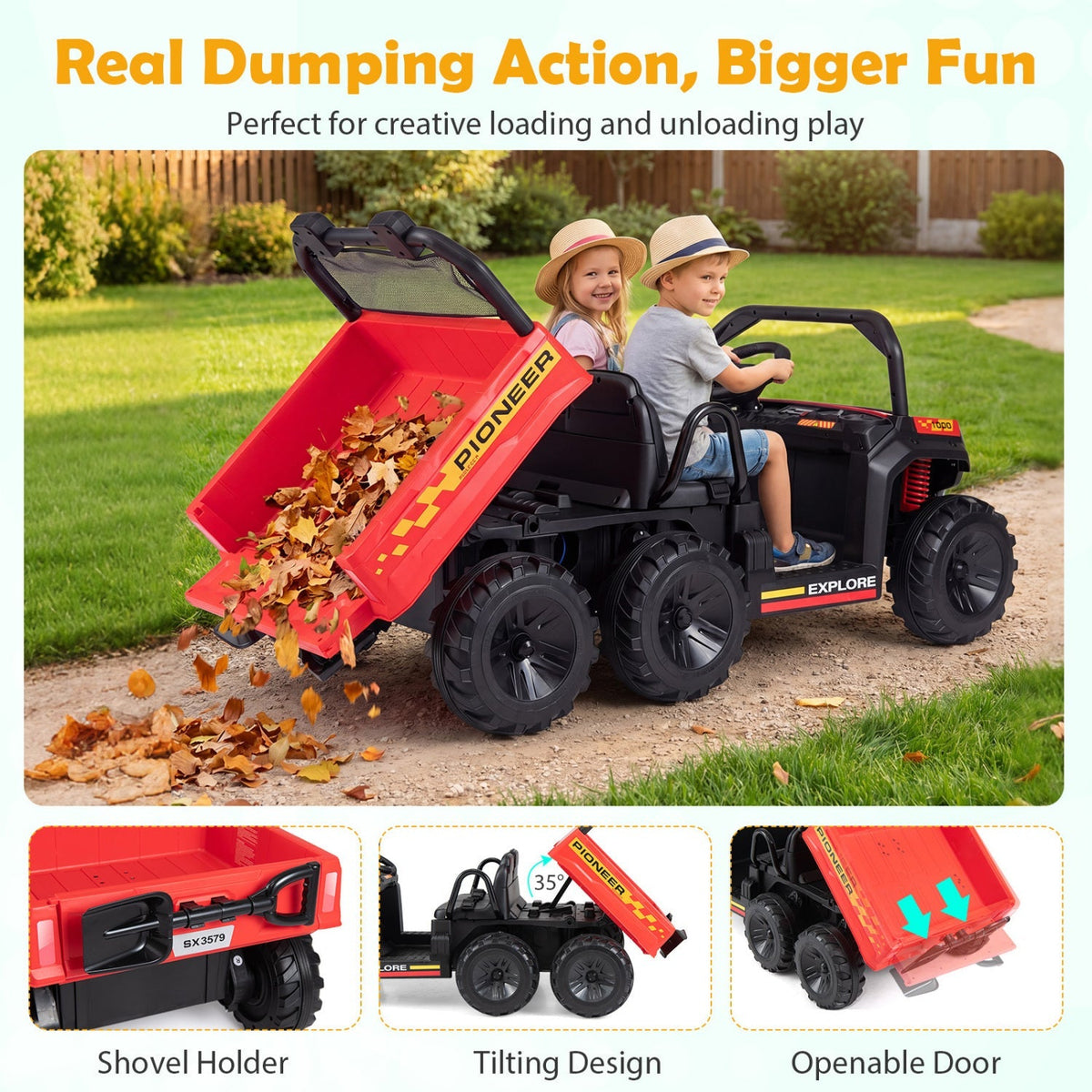 24V 2-Seater Kids Ride on Dump Truck 4WD with Electric Dump Bed and Lights