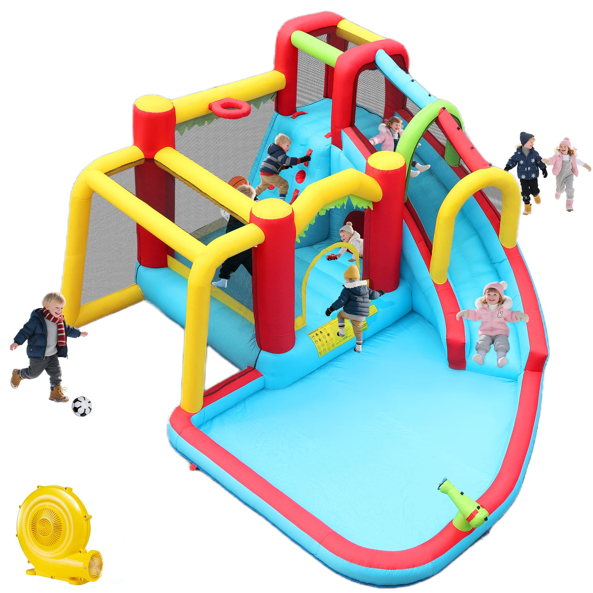 7-in-1 Inflatable Slide Water Park and Garden Bouncer with Multi-Sport Features - Multicolor