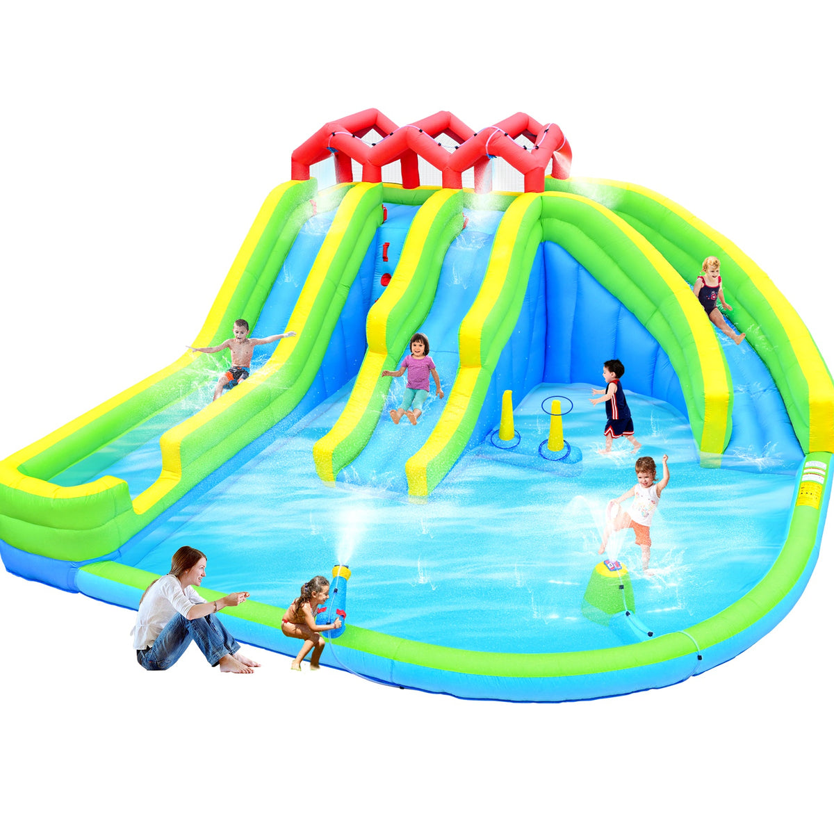 7-in-1 Inflatable Water Park with Slides and Climbing Wall - Multicolor