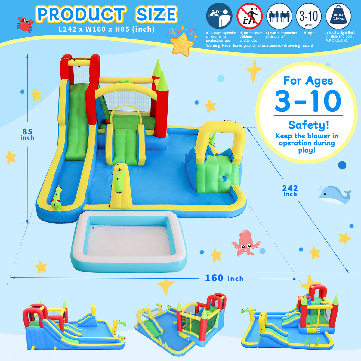 11-in-1 Inflatable Slide Water Park with Trampoline and Pool - Multicolor