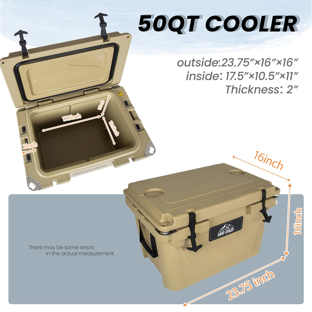 50 Quart Ultra-Light Insulated Ice Chest with 6-Day Ice Retention - Khaki