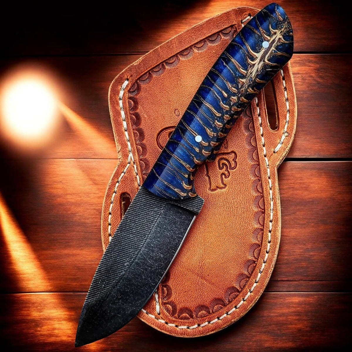 The Jesse James – Custom Handmade Acid Washed Rasp Steel Knife with Blue Epoxy Pine Cone Resin Handle & Leather Sheath