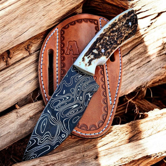 Custom Handmade Damascus Steel Knife with Leather Sheath