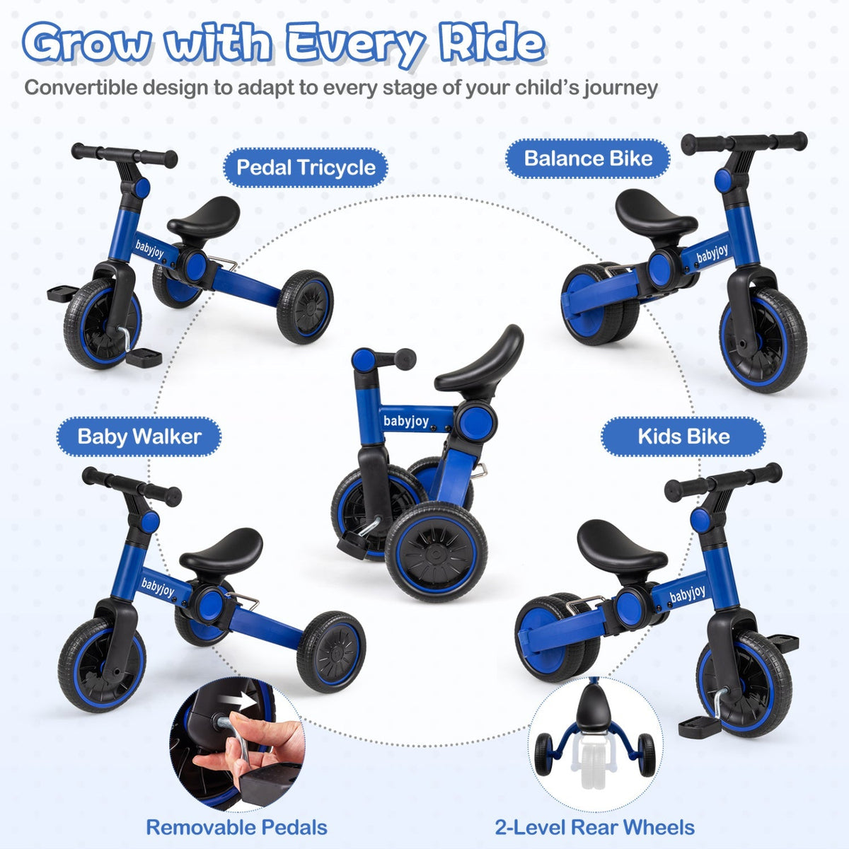 5-In-1 Toddler Bike Kids Balance Bike with Removable Pedals