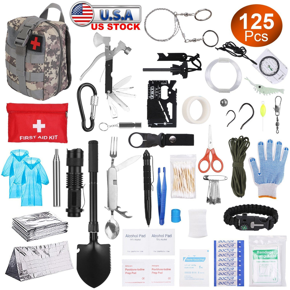 125Pcs Survival Kits Professional Emergency Survival Gear Tactical First Aid Kit Supplies for Outdoor Adventure Camping Hiking Hunting