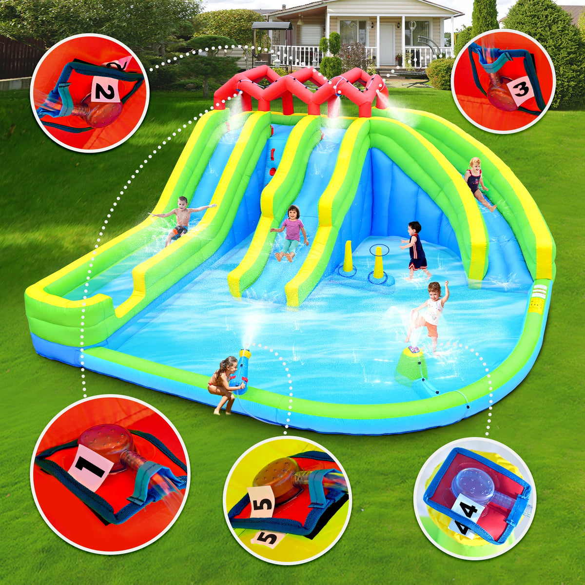 7-in-1 Inflatable Water Park with Slides and Climbing Wall - Multicolor