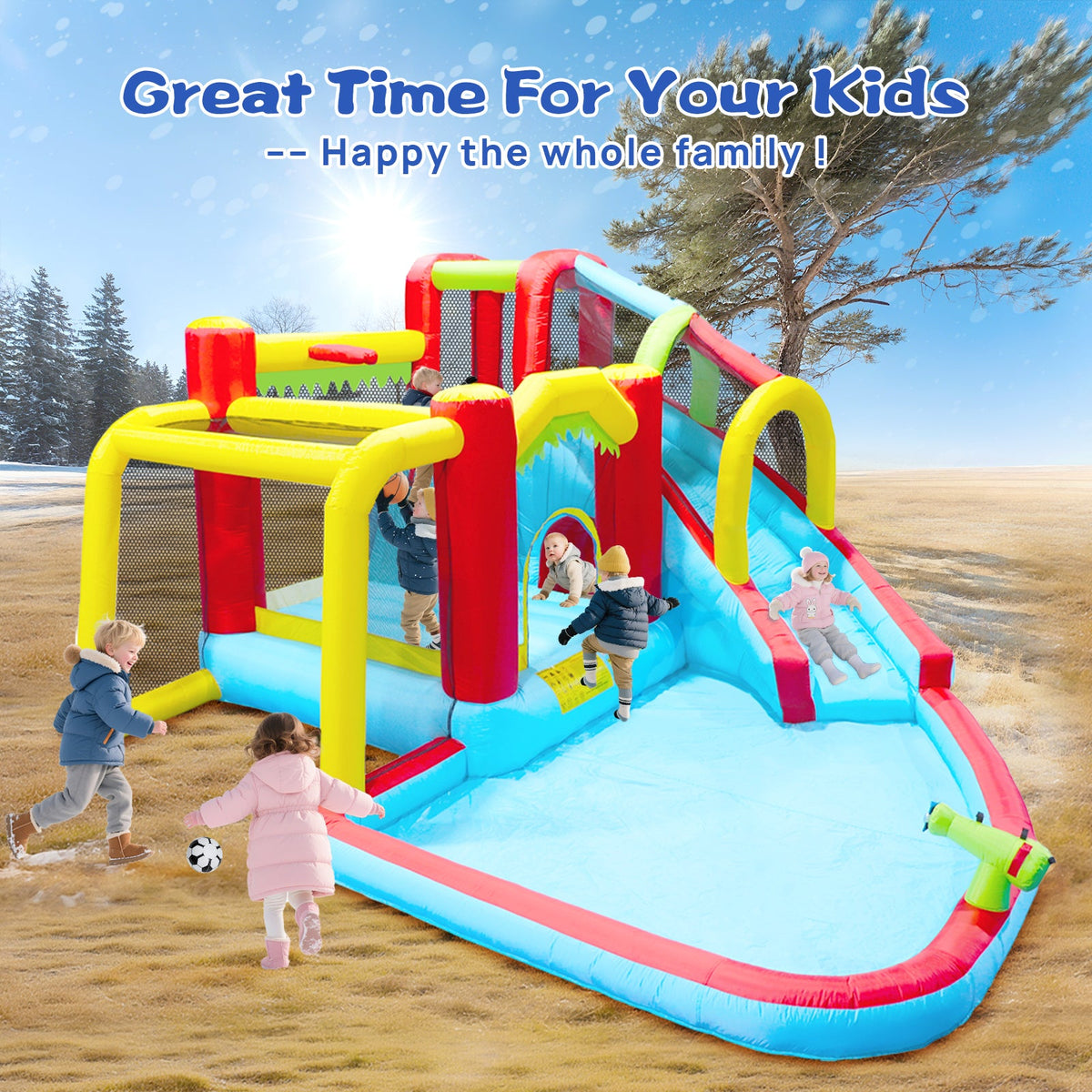 7-in-1 Inflatable Slide Water Park and Garden Bouncer with Multi-Sport Features - Multicolor